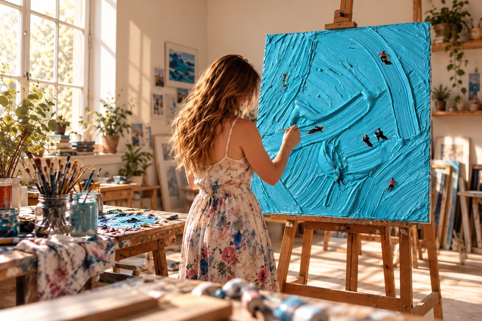 Daphne in een gebloemde jurk aan haar ezel in een zonnig atelier, terwijl ze Catching Waves schildert: dikke turquoise verf met kleine surfers.