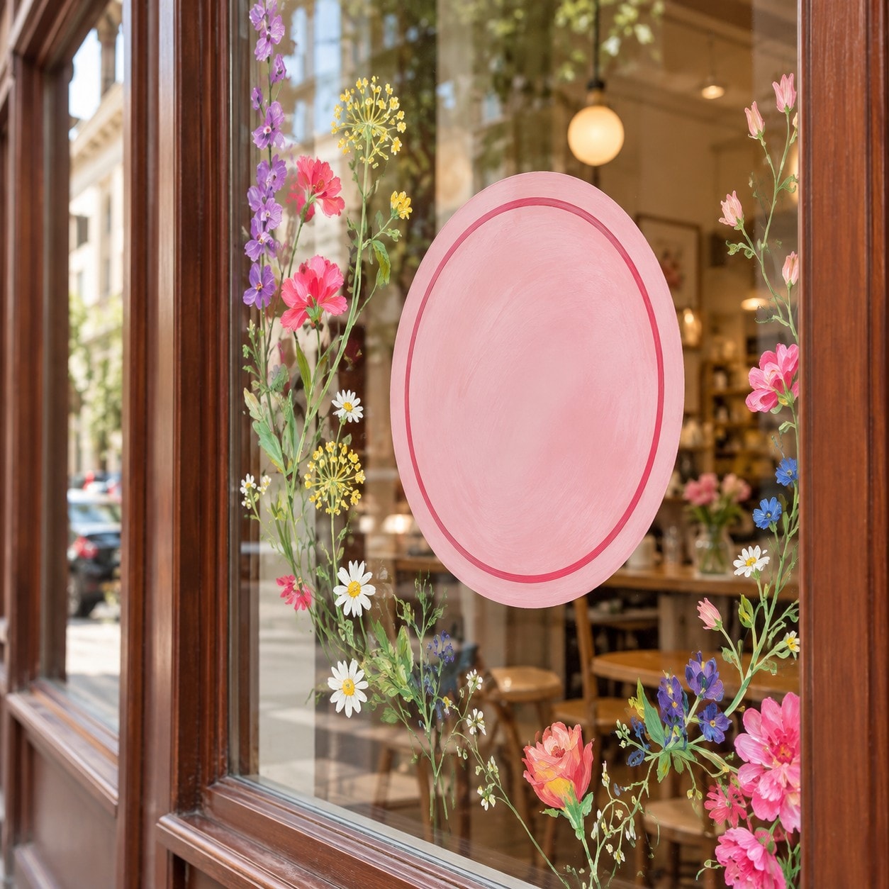 Een caféraam met beschilderde wilde bloemen langs de randen — paars, roze, geel en wit — en in het midden een roze ovaal met een dieproze rand.