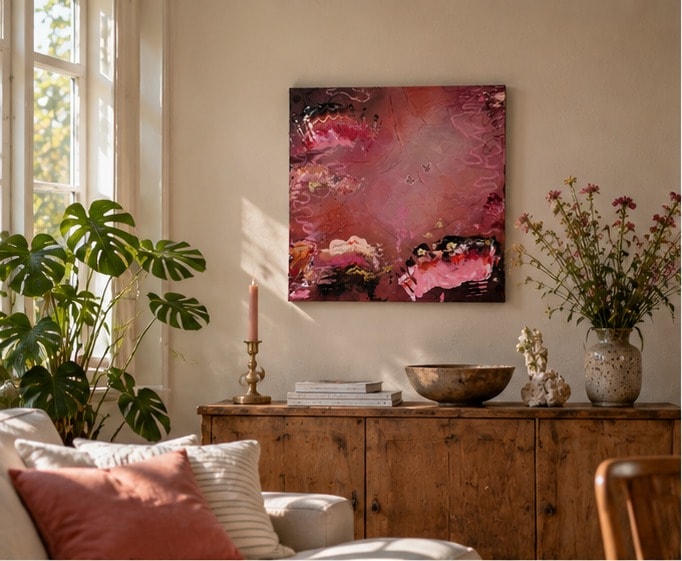 Gewichtloze Vleugels boven een houten dressoir in een zonnige woonkamer, met een messing kandelaar, een schaal, een stuk koraal en een vaas veldbloemen, naast een monstera en een bank.