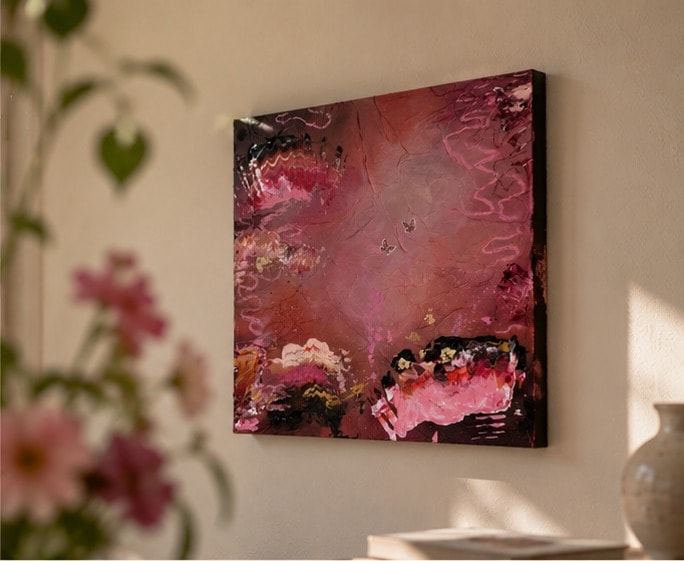 Gewichtloze Vleugels aan een lichte muur van opzij gezien, met onscherpe roze bloemen ervoor.