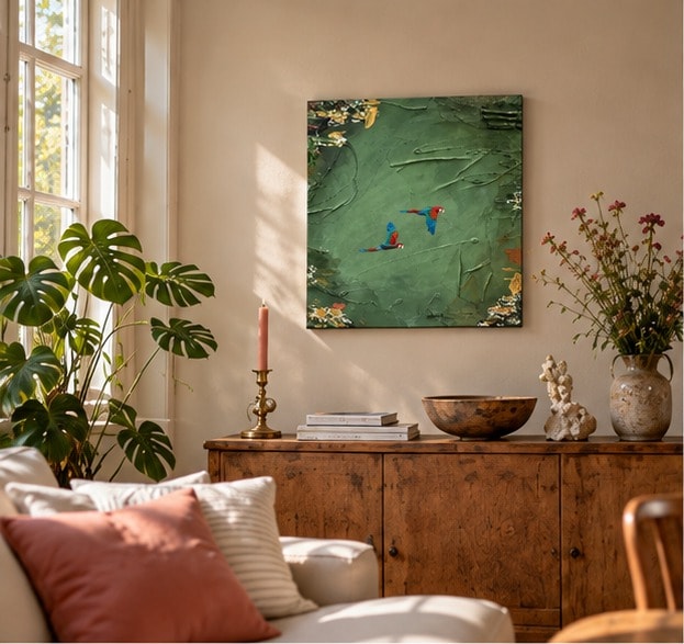 Jungle Toekan boven een houten dressoir in een zonnige woonkamer, met een messing kandelaar, een schaal, een stuk koraal en een vaas veldbloemen, naast een monstera en een bank.