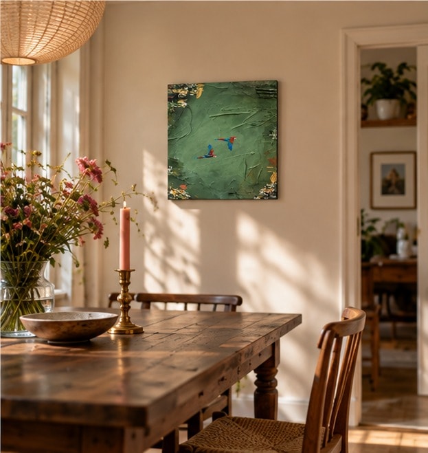 Jungle Toekan aan de muur van een eetkamer, boven een houten tafel met veldbloemen en een roze kaars, naast een openstaande deur.