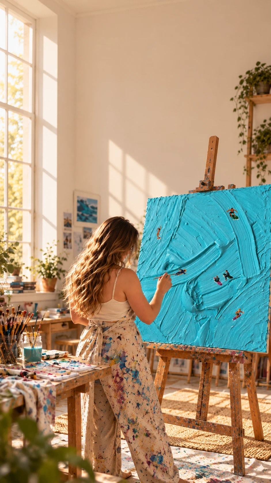 De kunstenaar aan haar ezel in een zonnig atelier, terwijl ze Catching Waves schildert.