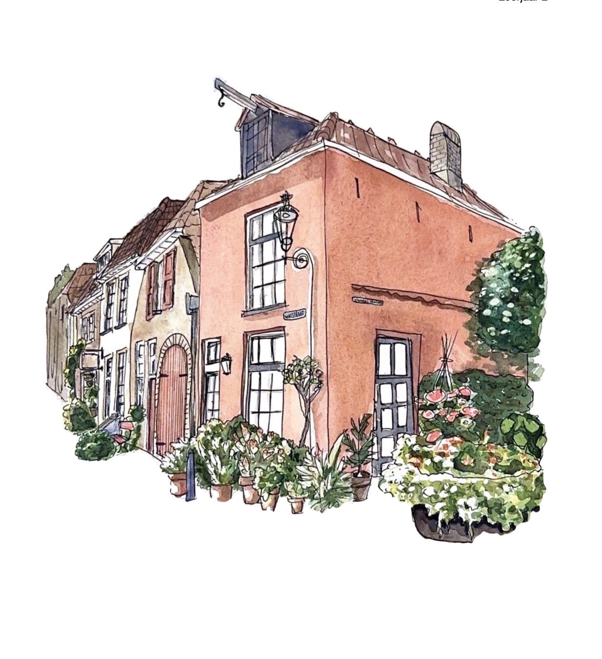 Inkt- en aquareltekening van een roze hoekhuis met hoge ramen, een lantaarn en planten in potten langs een oude straat.